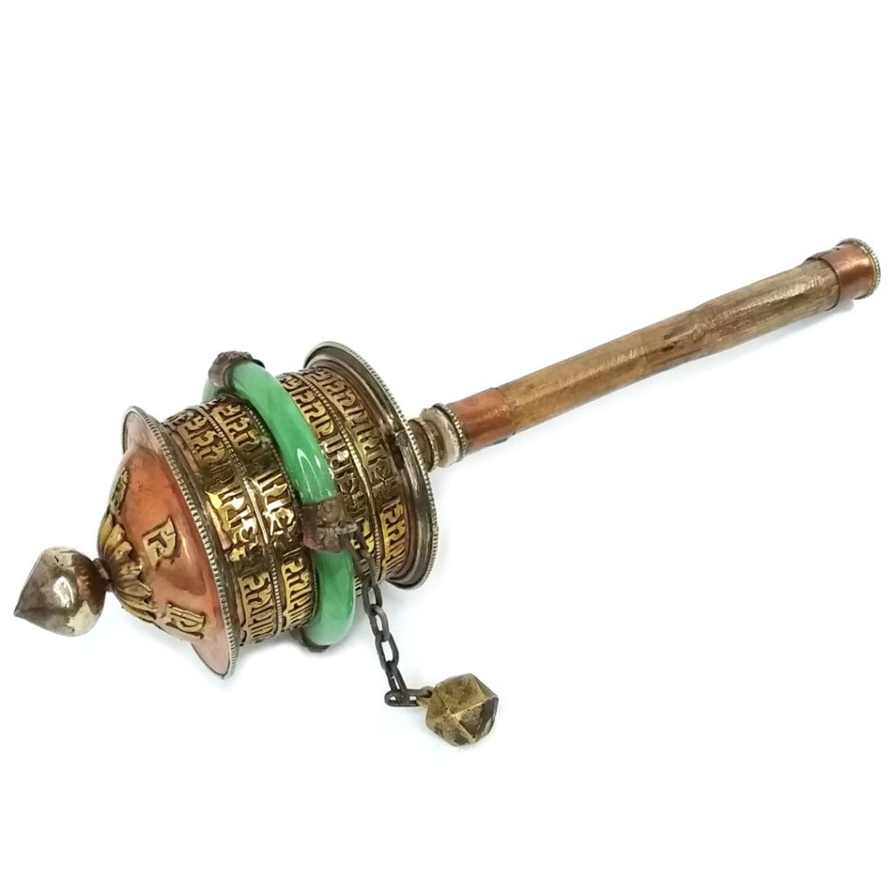 Antique Tibetan Prayer Wheel Buddhism Mantra Scroll Brass Wood Handle Jade